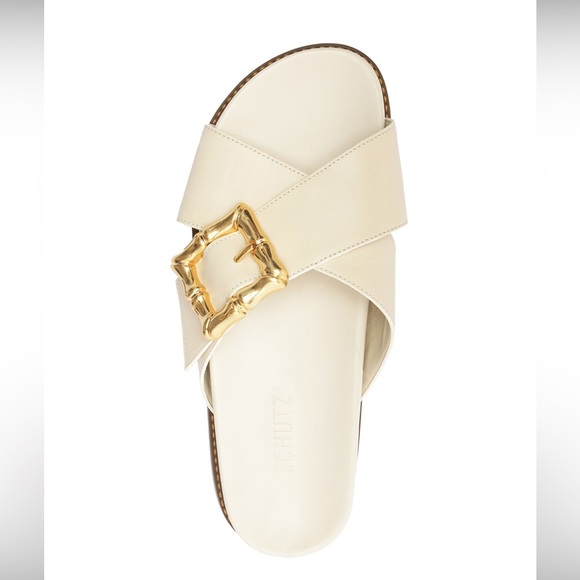 SCHUTZ Shoes - Schutz Enola Crisscross Buckle Leather Sandals White Gold buckle slides Size 7.5